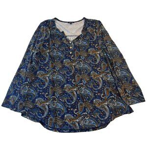 Tralilbee Women's Blue Brown Paisley Henley Long Sleeve V Neck Shirt Size 1X